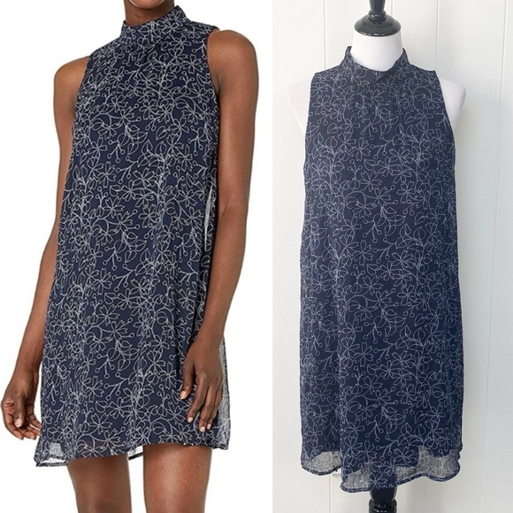 Tommy Hilfiger Dresses & Skirts - Tommy Hilfiger Floral Trapeze Dress Navy Women's Size 8 Mock Neck Chiffon